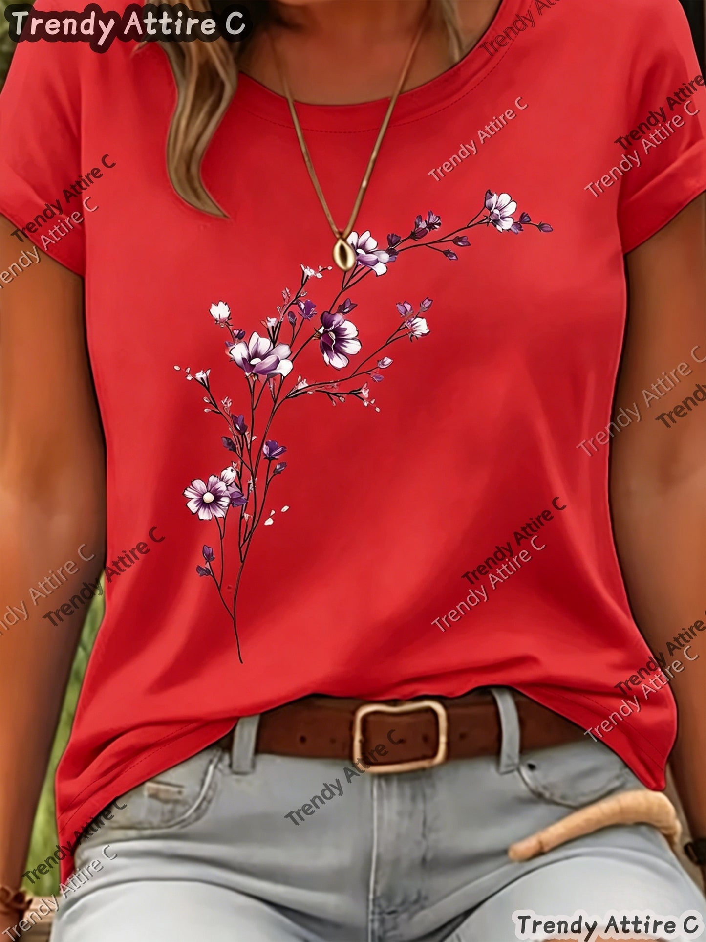 This Short-sleeved T-shirt Features A Purple Floral Print with A Horizontal Branch Pattern. It Has A Regular Fit And A Round Neck, Making It A Suitable Gift for Spring/summer. Perfect for Outdoor Casual Wear