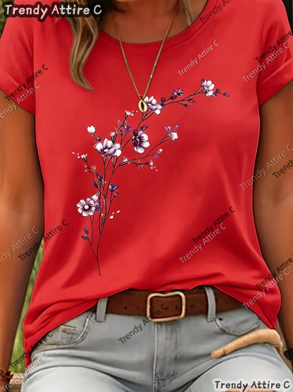 This Short-sleeved T-shirt Features A Purple Floral Print with A Horizontal Branch Pattern. It Has A Regular Fit And A Round Neck, Making It A Suitable Gift for Spring/summer. Perfect for Outdoor Casual Wear