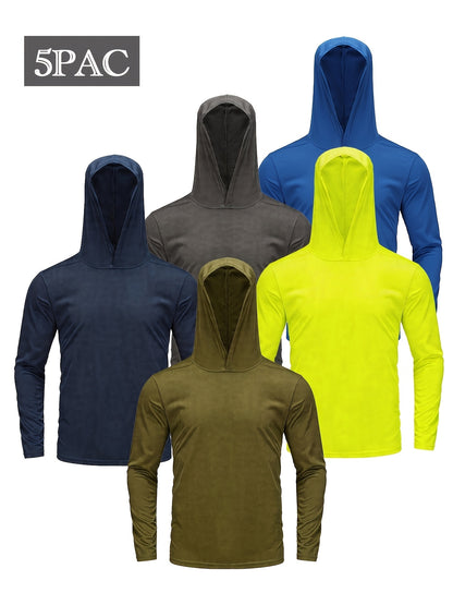 5pcs Men's Hooded Long-sleeved Quick-drying Clothes, Breathable Ice-sensitive Technology Fabric, Moisture-absorbing And Sweat-wicking, Outdoor Sports And Fitness, And Windproof