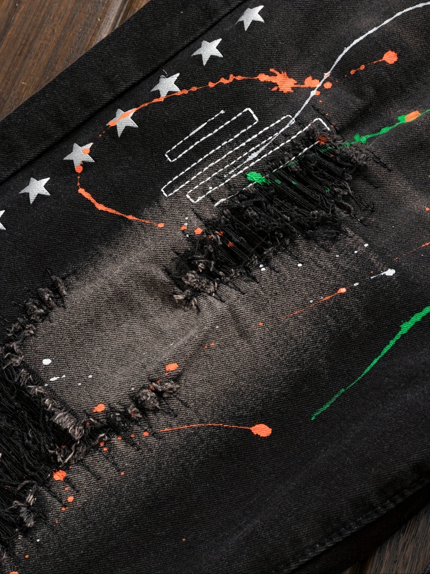 Men'S Casual Versatile Street Fashion Style Splashed Ink Star Hole Printed Jeans