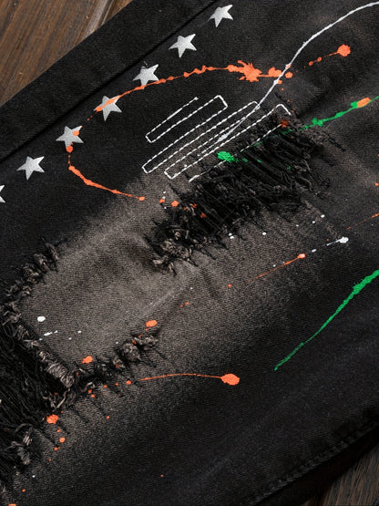 Men'S Casual Versatile Street Fashion Style Splashed Ink Star Hole Printed Jeans