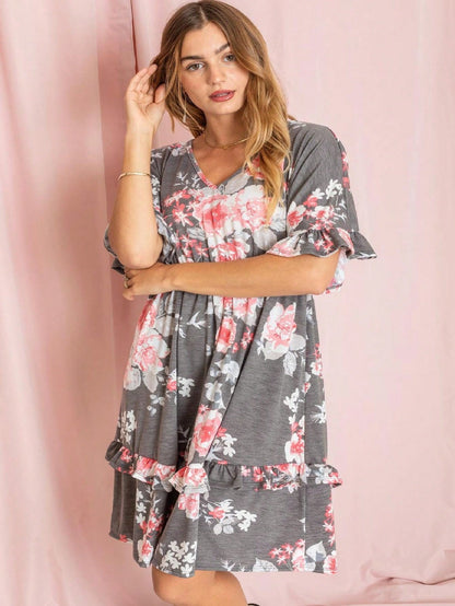 Vintage Boho Navy Pink Yellow White Charcoal Floral Ruffle flutter Trim Midi Dress S-3X