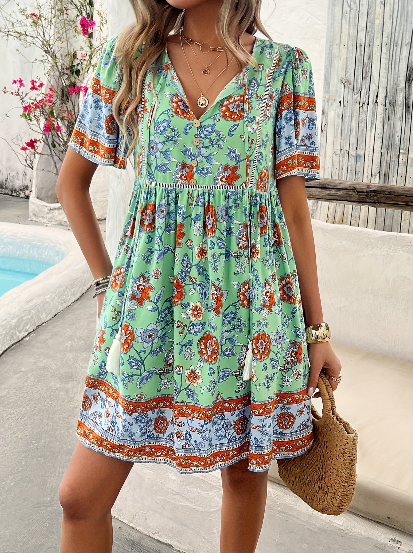 ZAFUL Summer Women's Dress, Women's Fashion New Elegant Romantic Bohemian Style Long Dress, Women's Fashion Deep V-neck Princess Sleeve Design, Fluffy High Waist Tassel Dress, Fashion Holiday Dress
