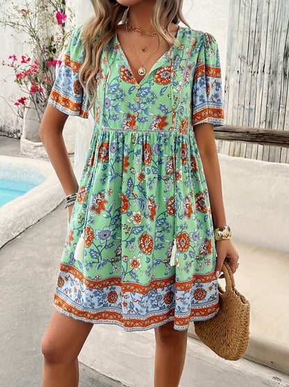 ZAFUL Summer Women's Dress, Women's Fashion New Elegant Romantic Bohemian Style Long Dress, Women's Fashion Deep V-neck Princess Sleeve Design, Fluffy High Waist Tassel Dress, Fashion Holiday Dress