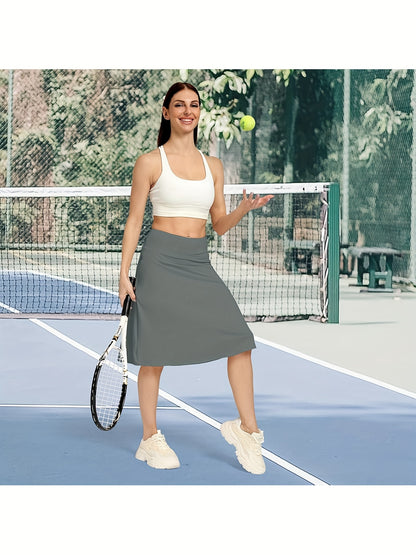Scacto Women's Office-Ready Midi Skirt- Built-In Shorts, Hidden Drawstring, Zippered Pockets, Business Casual