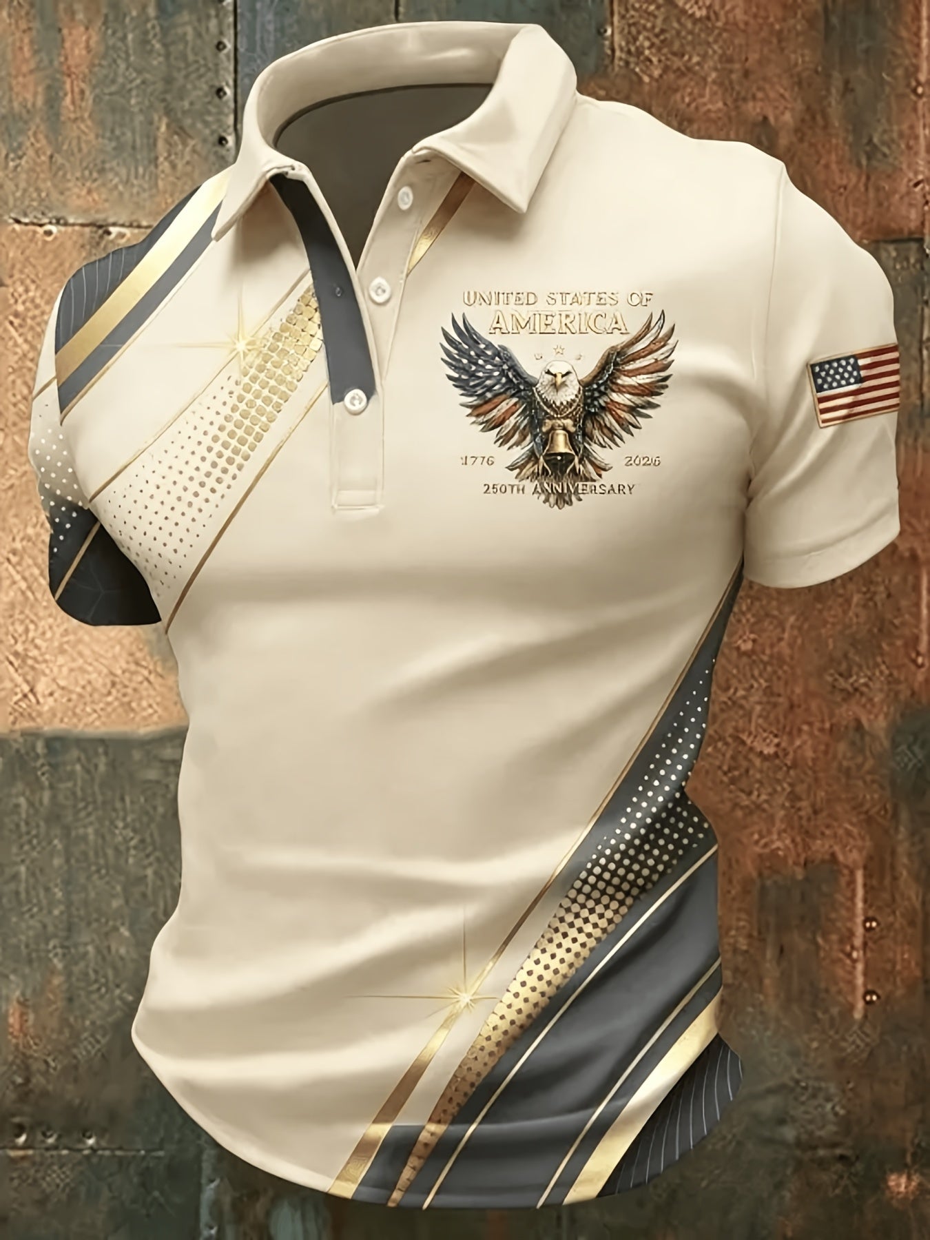 Plus-Size Men'S Summer Short-Sleeve Polo Shirt, Men'S T-Shirt, Men'S Top, American-Style Commemorative Flag Print Short-Sleeve, Golden Lines Eagle Print Design, Flag Sleeve Badge, Business Casual Short-Sleeve Top, Plus Size