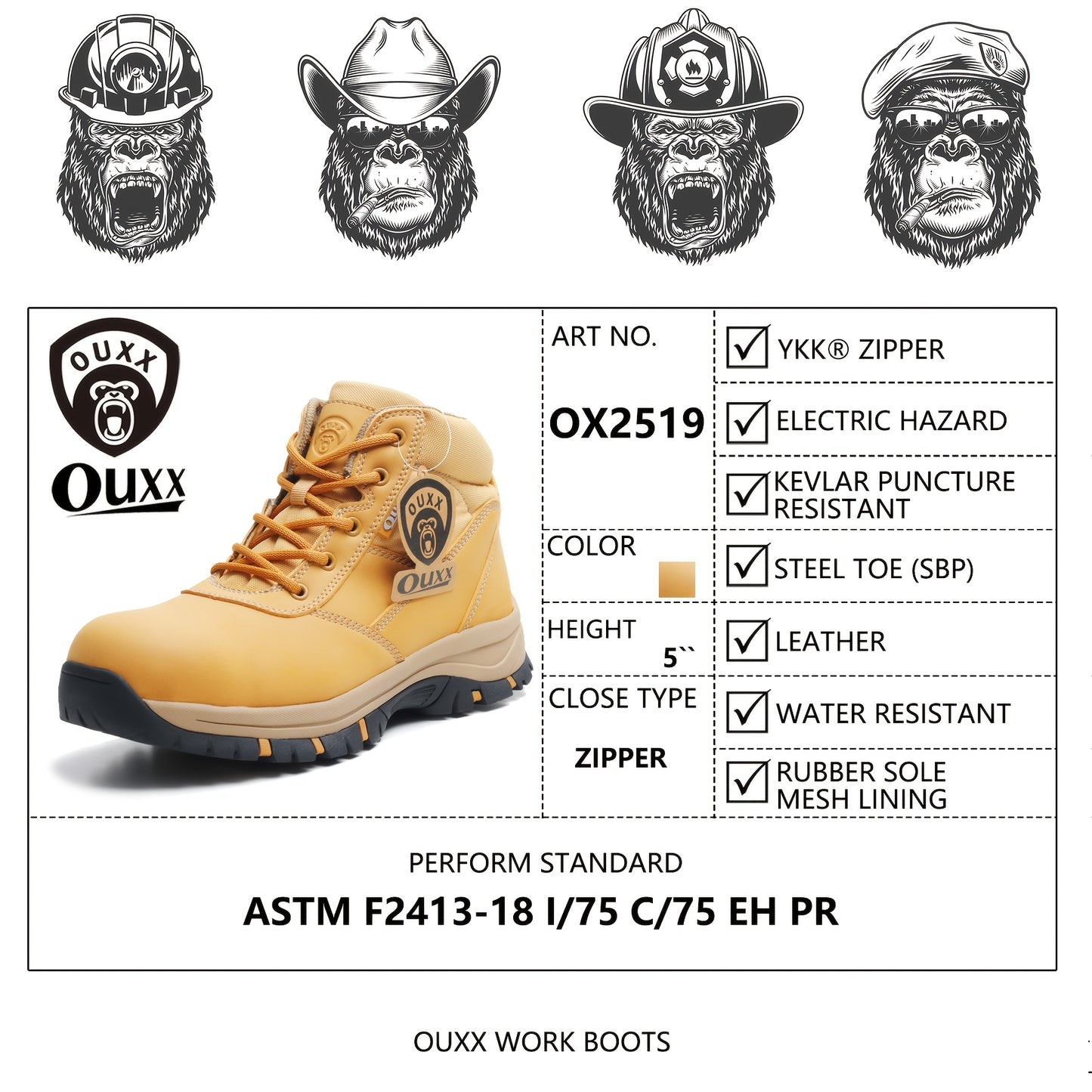 Men's Work Boots, YKK Zipper, Steel Toe Shoes, Anti-Slip Rubber Sole, Genuine Leather Upper, Puncture-Proof(OX2519)