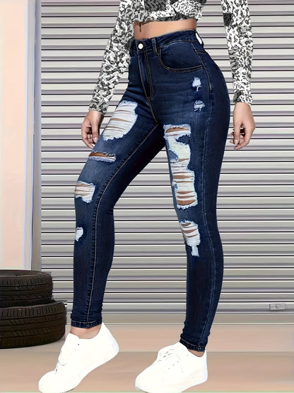 Women's Dark Blue Ripped Skinny Jeans, High Stretch Slim Fit Distressed Denim Pants with Pockets, Casual Streetwear Skinny Denim Trousers for Daily All-Season Wear