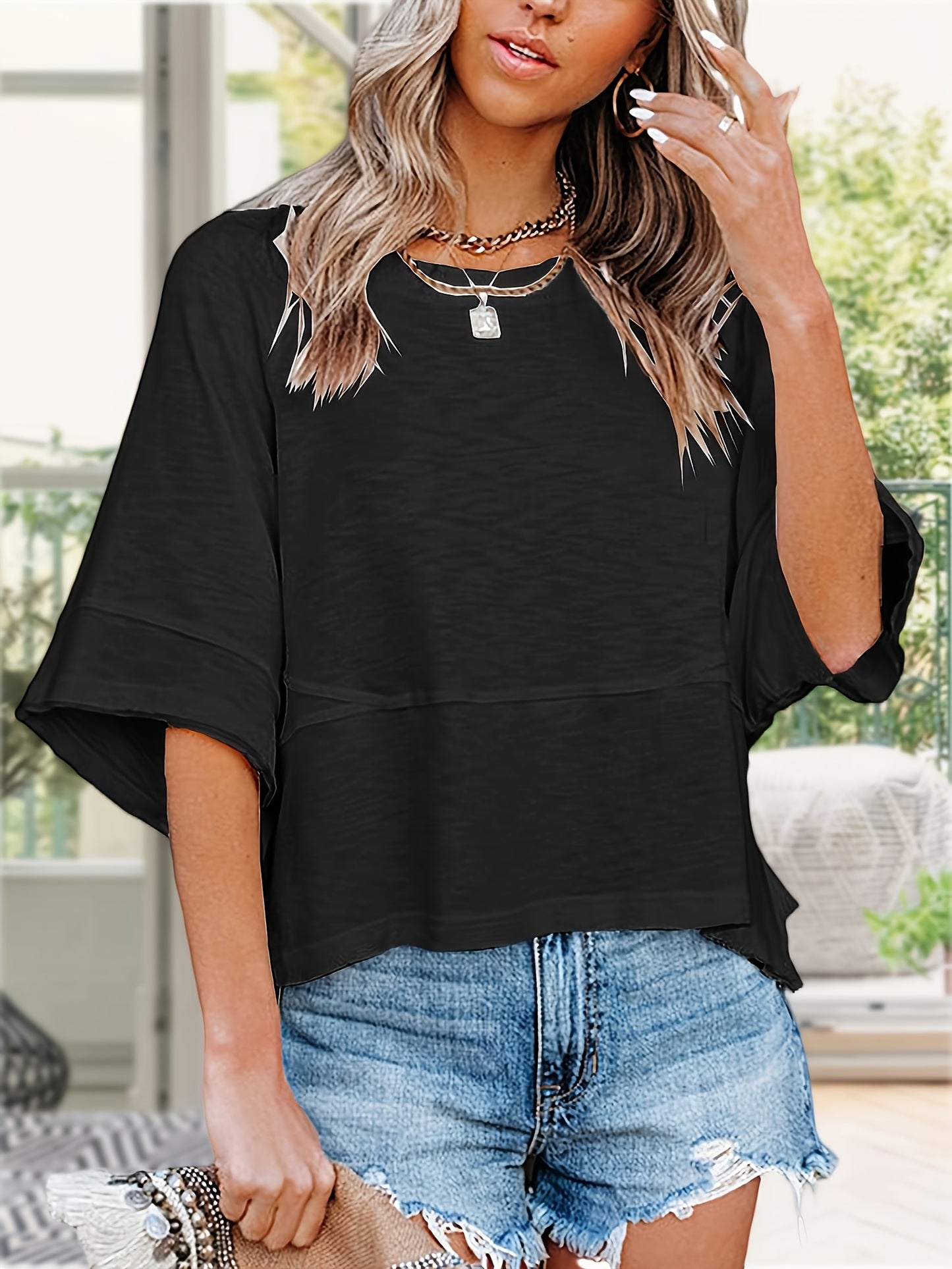 Women'S Summer Casual Crewneck Batwing Half Sleeve T-Shirts Solid Color Loose Fit Cute Basic Flowy Tops Tees Blouses