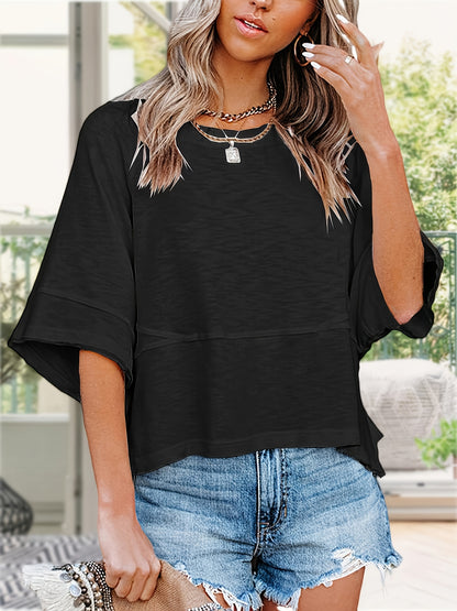 Women'S Summer Casual Crewneck Batwing Half Sleeve T-Shirts Solid Color Loose Fit Cute Basic Flowy Tops Tees Blouses