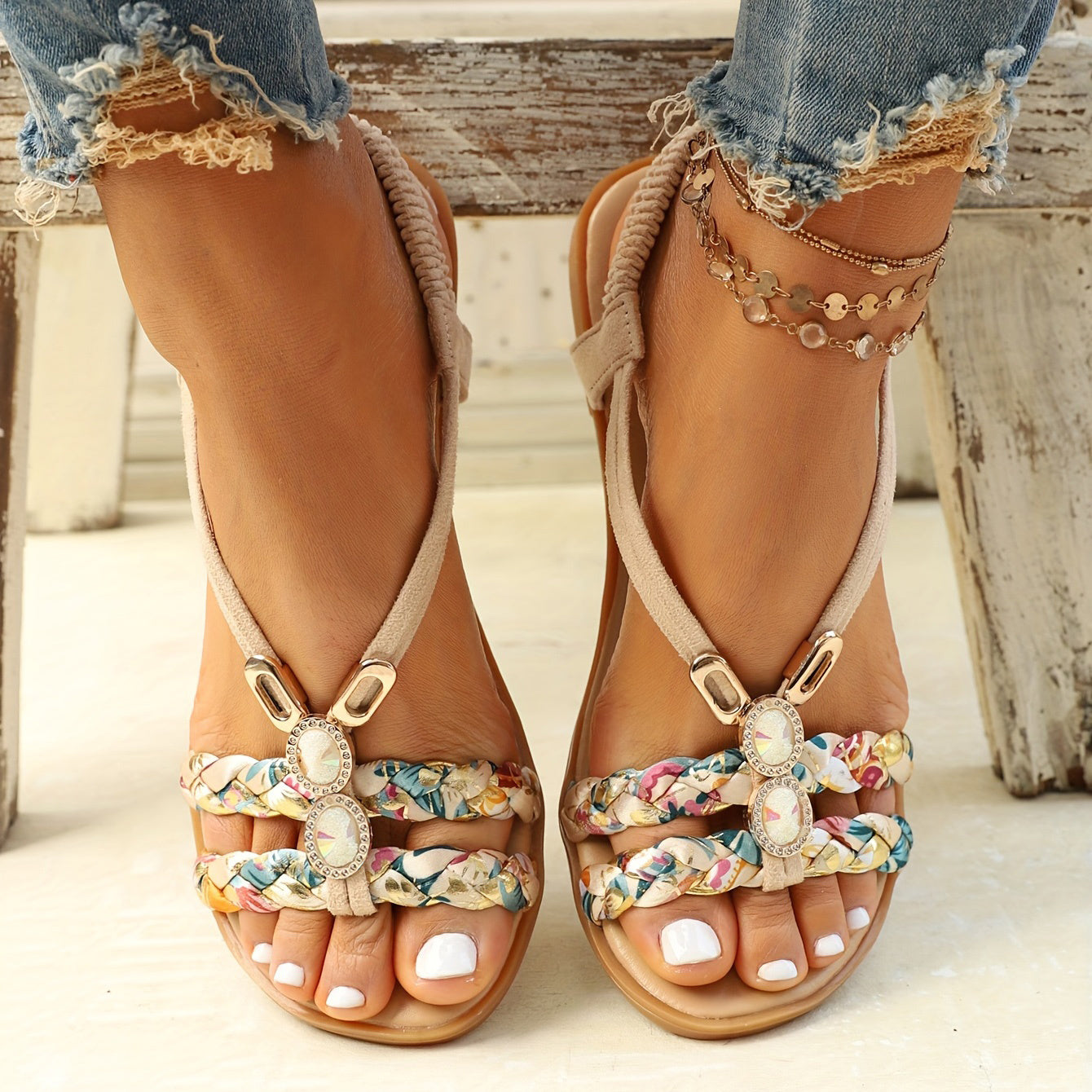 [Beach Vacation Shoes] Women's Flat Sandals Bohemian Floral Braided Straps Rhinestone Beaded Elastic Slingback Summer Beach Vacation Shoes Casual Walking Footwear For Ladies Teens Lightweight Comfortable Dressy Sandals Cruise Outfit Essential Daily Wear L