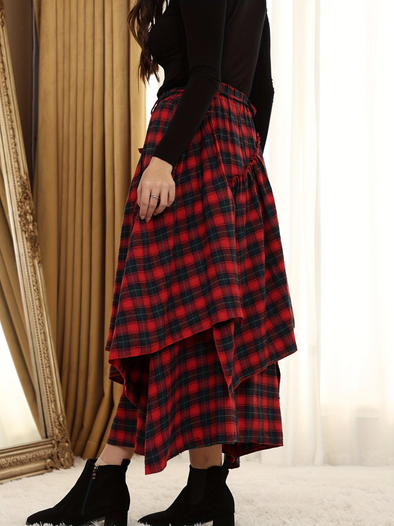 Victorian Gothic Handmade Fringe Plaid Skirt 2025 | Asymmetric Ruffle High-Waist Beach Skirt | Elastic Waist Multi-Layer Vacation Dress | Spring Summer Sweet Style Ladies Gift