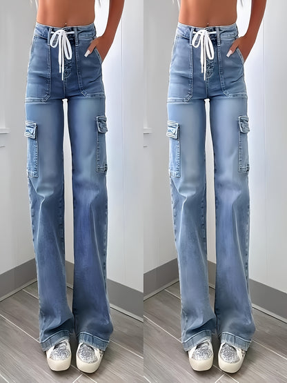 Women's Casual Fashion Denim Fabric Sweatpants Jeans - 2025 New Style Straight-leg with Laces and Multiple Pockets, Fit Womenswear