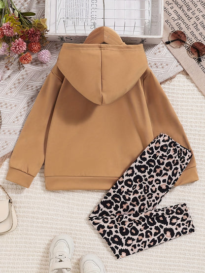 2pcs Young Girl Clothing Long Sleeve Khaki Sweatshirt Casual Set with Leopard Print Trousers Top, for Outdoor
