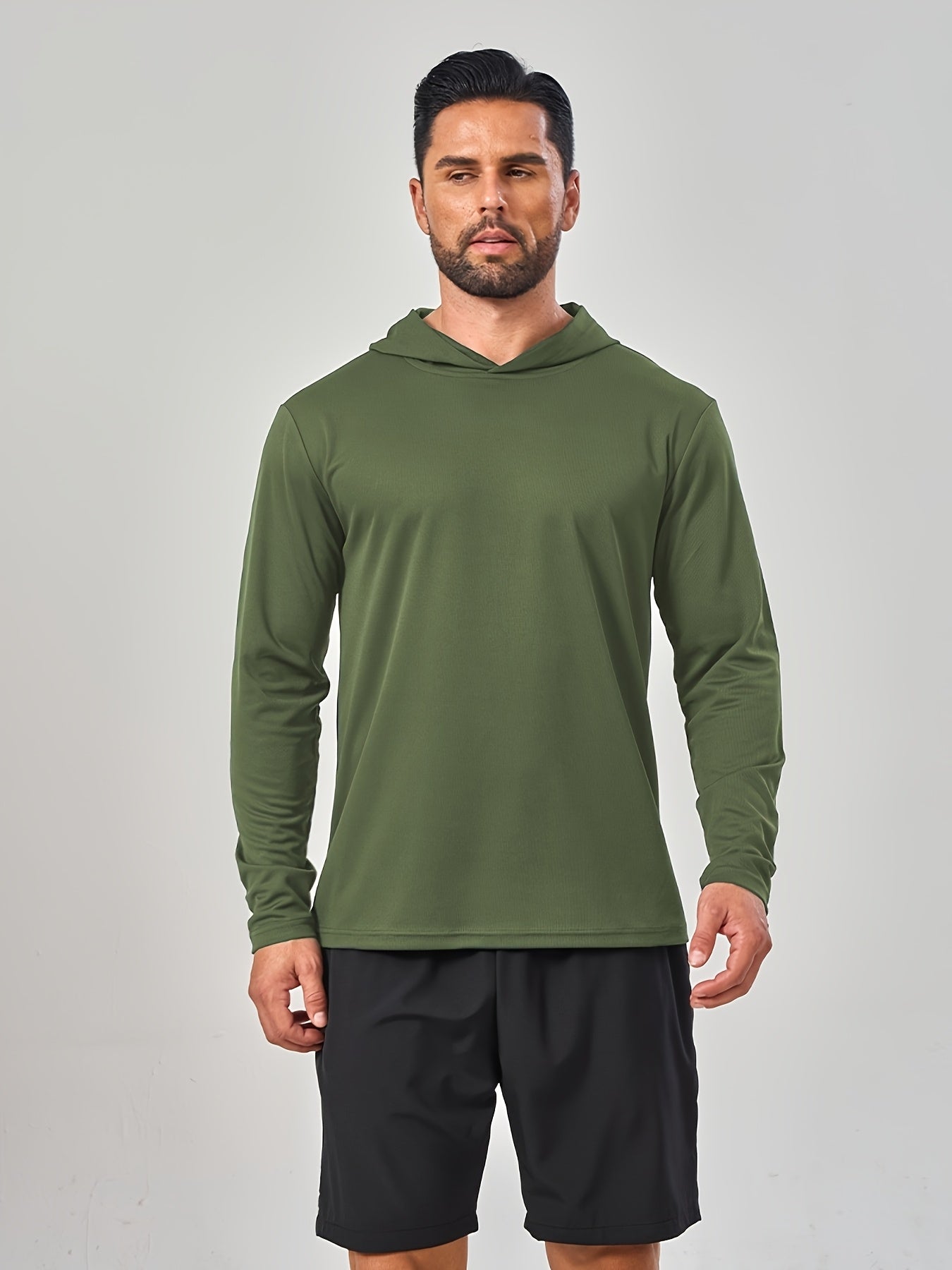 5pcs Men's Hooded Long-sleeved Quick-drying Clothes, Breathable Ice-sensitive Technology Fabric, Moisture-absorbing And Sweat-wicking, Outdoor Sports And Fitness, And Windproof