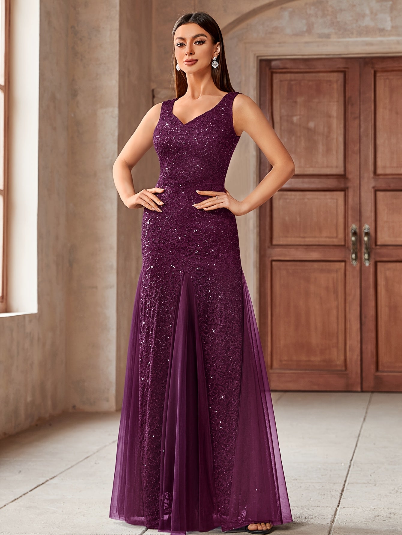 23218 Elegant Women's Sequin Lace Long Evening Bridesmaid Dress, Sweetheart Neckline Sleeveless Design with Slit Tulle Mermaid Hem, Perfect for Formal Wedding Party