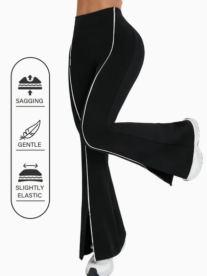 High-Waisted Slit Flared Pants with Side Lines, Elastic Pants, Retro And Versatile Casual Long Pants