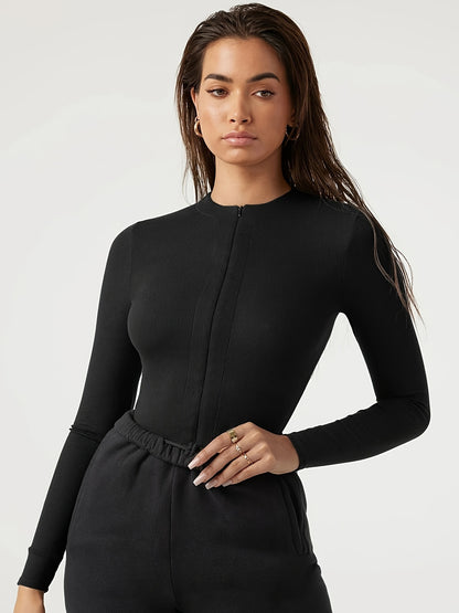 Zip Up V Neck Bodysuit, Sexy Long Sleeve Versatile Sportswear Bodysuit, Women's Clothing