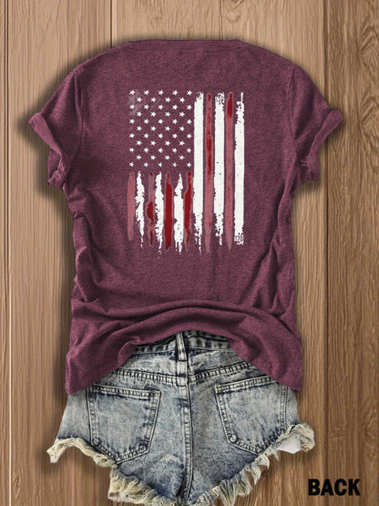Patriotic Fireworks And Flag Print -blend T-shirt with Double-sided Design for 4th Of July Celebrations - Festive, Casual, And Stylish Graphic Tee for Women | Trendy Independence Day Apparel | -blend T-shirt with Double-sided Print