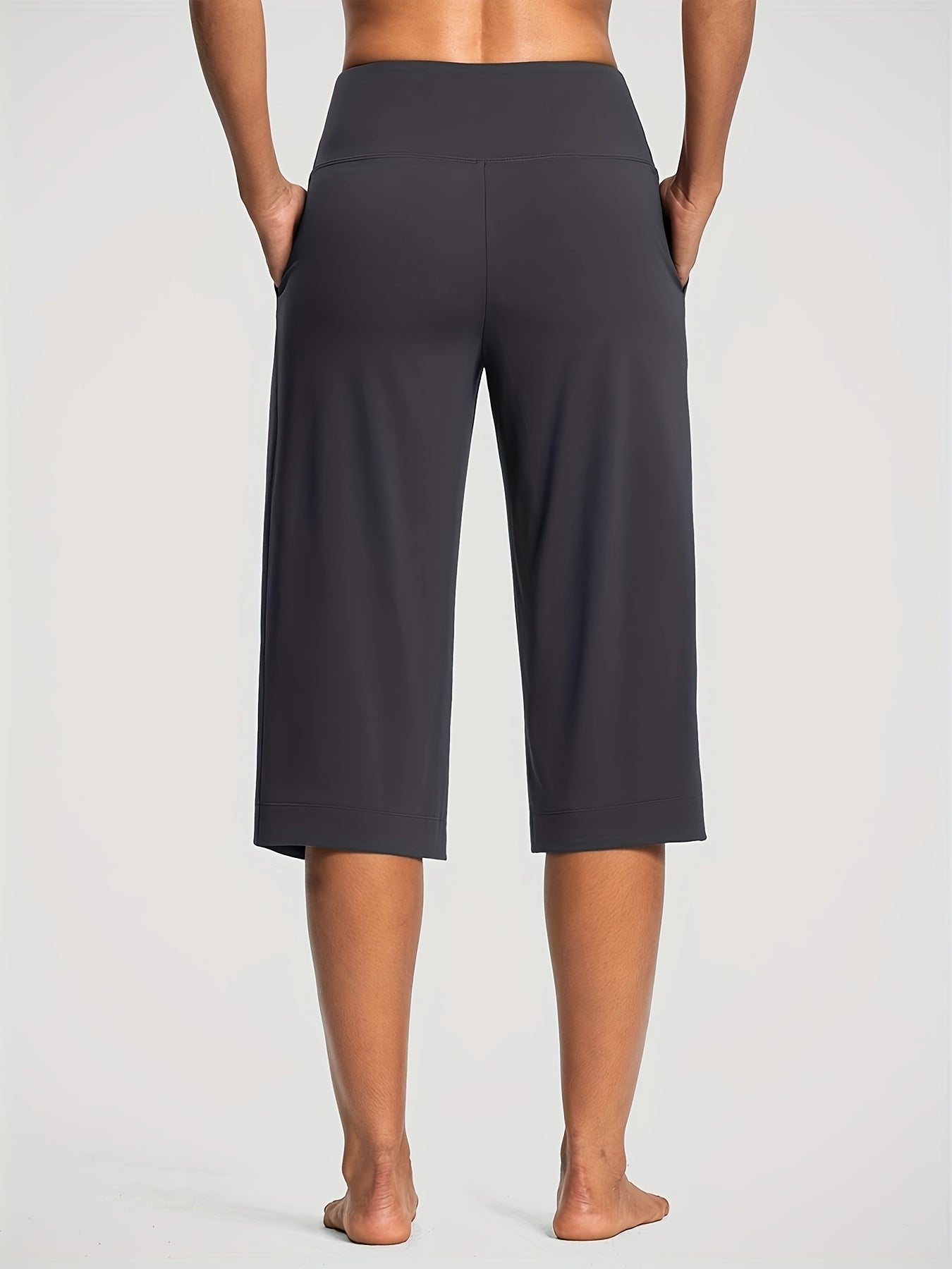 18'' Women's High-Waisted Wide Leg Yoga Capri Pants with Elastic Waist - Loose Comfortable Stretchable Soft Pants Suitable for Yoga, Workout, Casual & for Business Occasions - Spring Summer Fall Wearable with Practical Pockets (No Needed)
