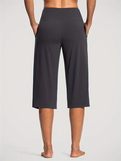 18'' Women's High-Waisted Wide Leg Yoga Capri Pants with Elastic Waist - Loose Comfortable Stretchable Soft Pants Suitable for Yoga, Workout, Casual & for Business Occasions - Spring Summer Fall Wearable with Practical Pockets (No Needed)