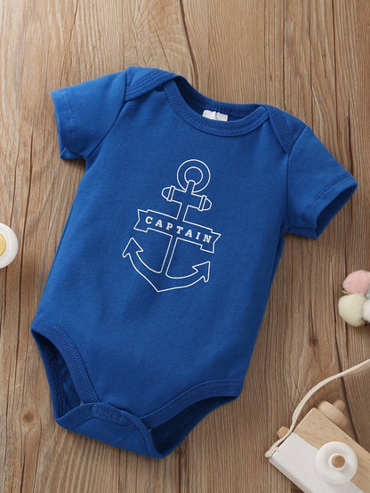 5pcs Set of Baby Boys' Short Sleeved Cartoon Triangle Jumpsuit, Ha Yi, Baby Boys' Ocean Boat Anchor Casual Crawling Suit, for Outdoor