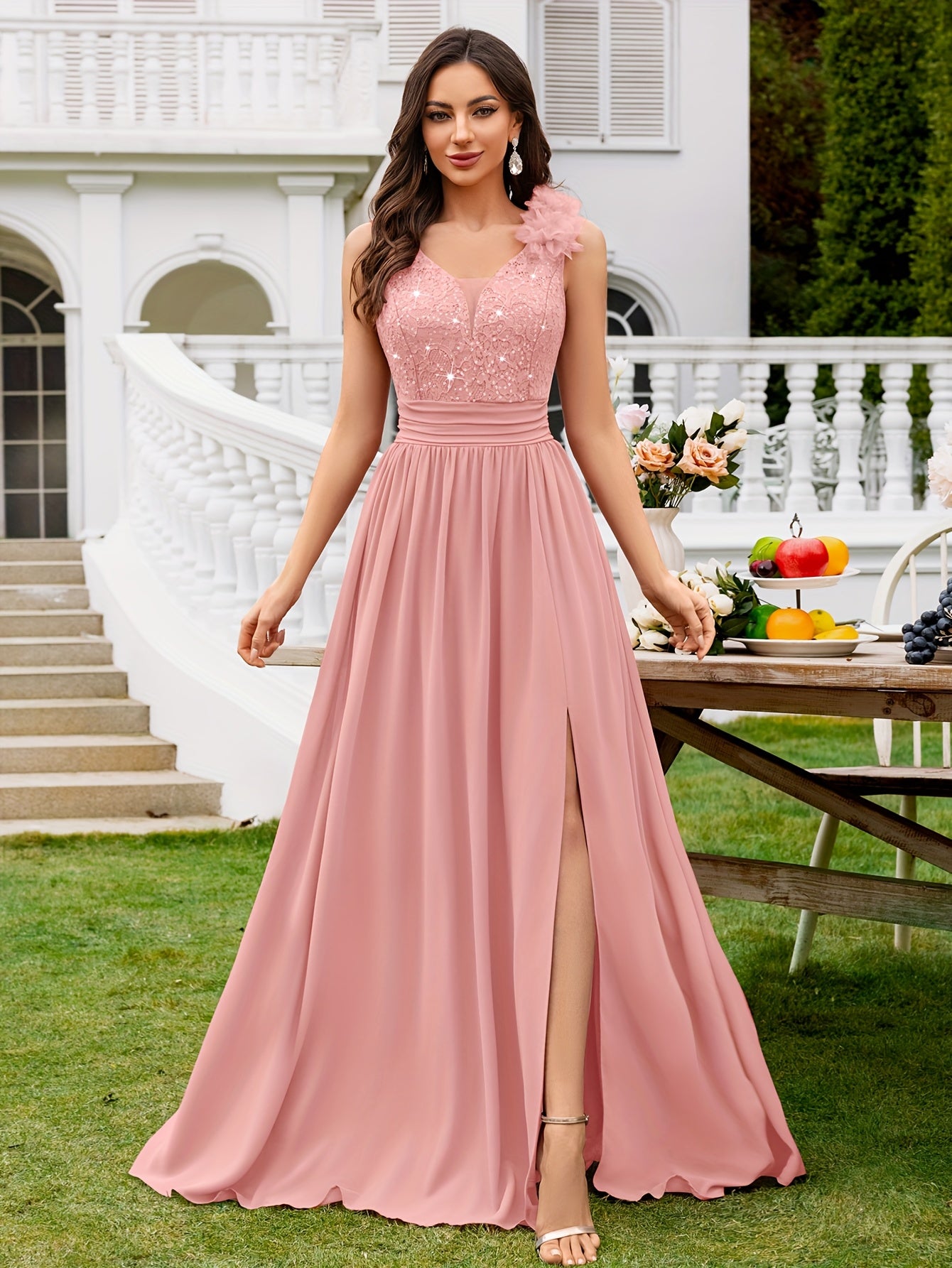 24451A Elegant Womens Mesh Deep V Neck Sequin Lace Maxi Dress, Sleeveless Applique Shoulder, Back V Neck, Ruched A Line Waist, High Thigh Slit Hem, Perfect For Formal Wedding Guest, Prom, Bridesmaid Party, Graduation Season, Wedding Season