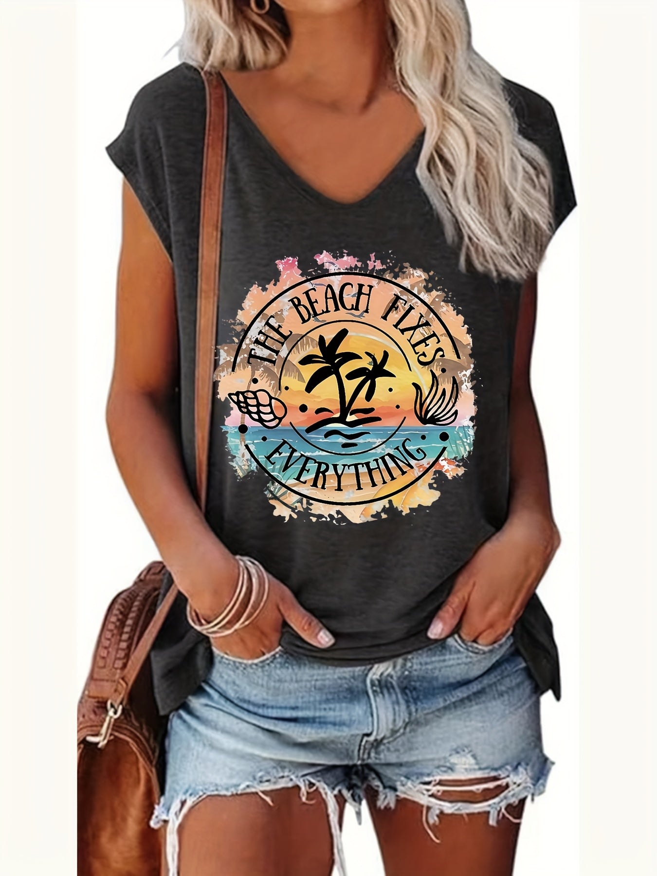 Casual Tank Top Featuring a Letter And Coconut Tree Design, Perfect for Summer And Spring with Cap Sleeves, Suitable for Women'S Wear