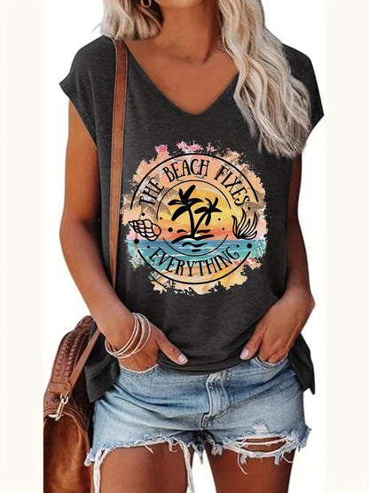 Casual Tank Top Featuring a Letter And Coconut Tree Design, Perfect for Summer And Spring with Cap Sleeves, Suitable for Women'S Wear