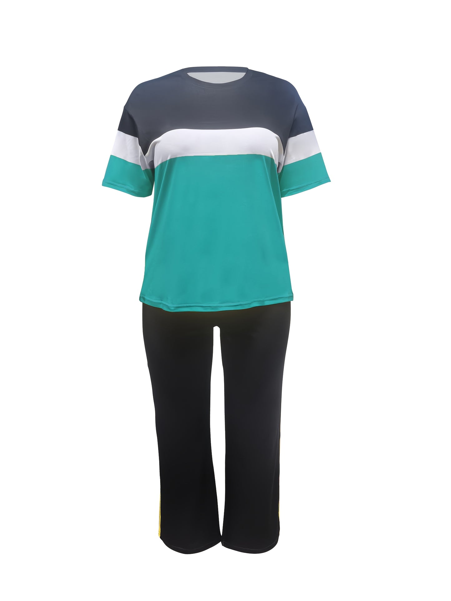 Women'S Plus Size Casual Color Block 2pcs Set - Elegant Crew Neck Short Sleeve Top & Straight Leg Pants, 95% Polyester 5% Elastane, Medium Stretch Knit Fabric, Machine Washable