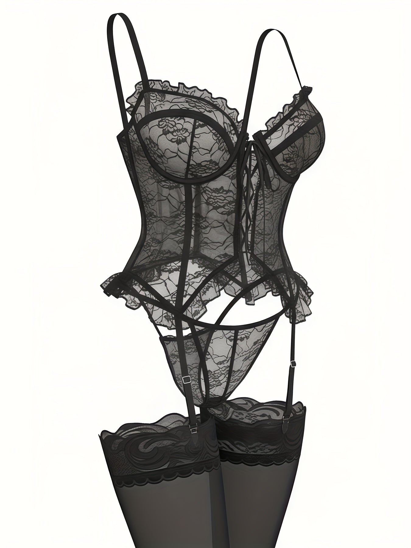 Women'S Sexy Lingerie Set with Garter Belt Lace Bodysuit Teddy Dolls Panty with Stockings, Women Teddy Lingerie Deep V Lace Lingerie Mini Babydoll Lingerie
