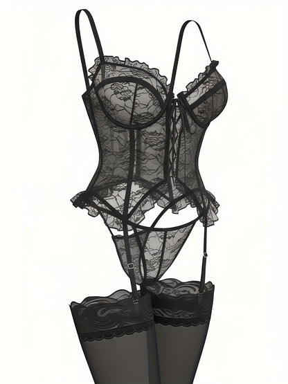 Women'S Sexy Lingerie Set with Garter Belt Lace Bodysuit Teddy Dolls Panty with Stockings, Women Teddy Lingerie Deep V Lace Lingerie Mini Babydoll Lingerie