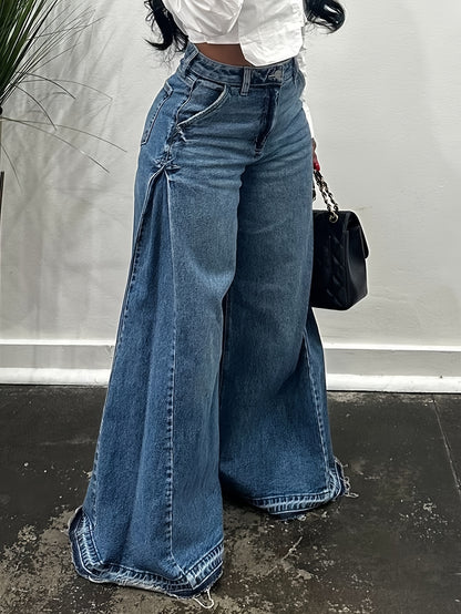 Women'S Wide Leg Jeans High Waisted Flared Denim Pants Baggy Loose Fit Jeans Frayed Raw Hem Casual Streetwear