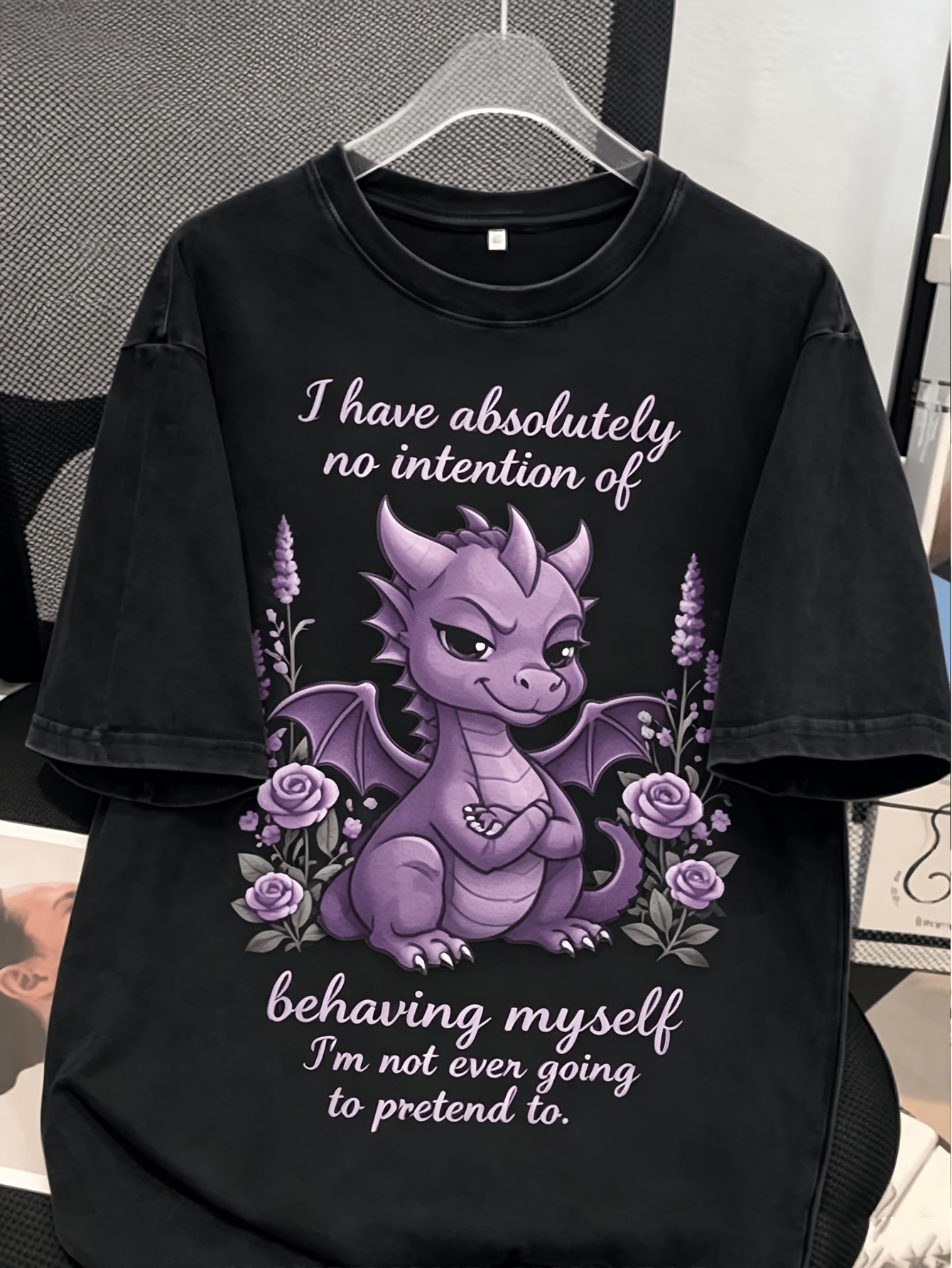 Plus Size - Enhanced Dragon Humor Tee, Women'S Plus Size Shirt with Floral Aura Women Short Sleeve Round Neck T-Shirt, Loose Fit, Soft Feel, Machine Washable, Local Warehouse