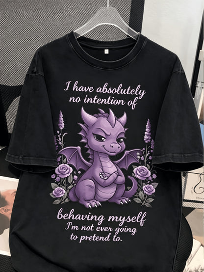 Plus Size - Enhanced Dragon Humor Tee, Women'S Plus Size Shirt with Floral Aura Women Short Sleeve Round Neck T-Shirt, Loose Fit, Soft Feel, Machine Washable, Local Warehouse