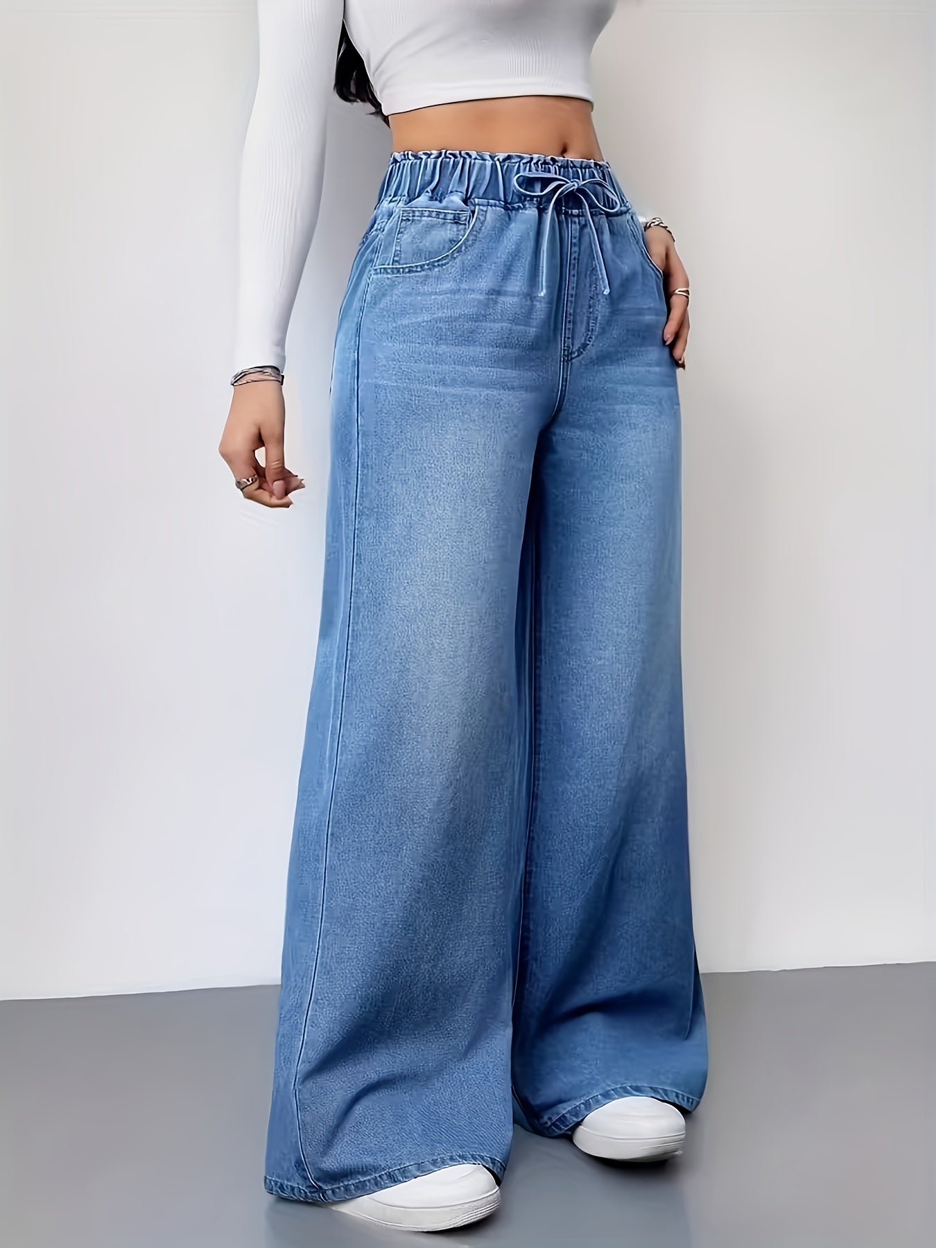 Women'S Washed Solid-Color High-Waisted Denim Pants Stylish Casual Elastic Drawstring Waistband Wide-Leg Pants Versatile Commuter Style