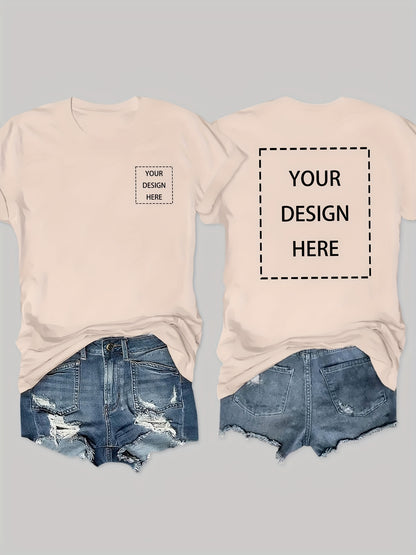 Customizable Women'S Geometric Print Crew Neck Short Sleeve T-Shirt - Soft Pink Casual Elegant Top, Machine Washable Comfort Fit, Personalized Design, Perfect for Spring/Summer/Fall, Casual Wear|Casual Style|Medium Stretch Fabric