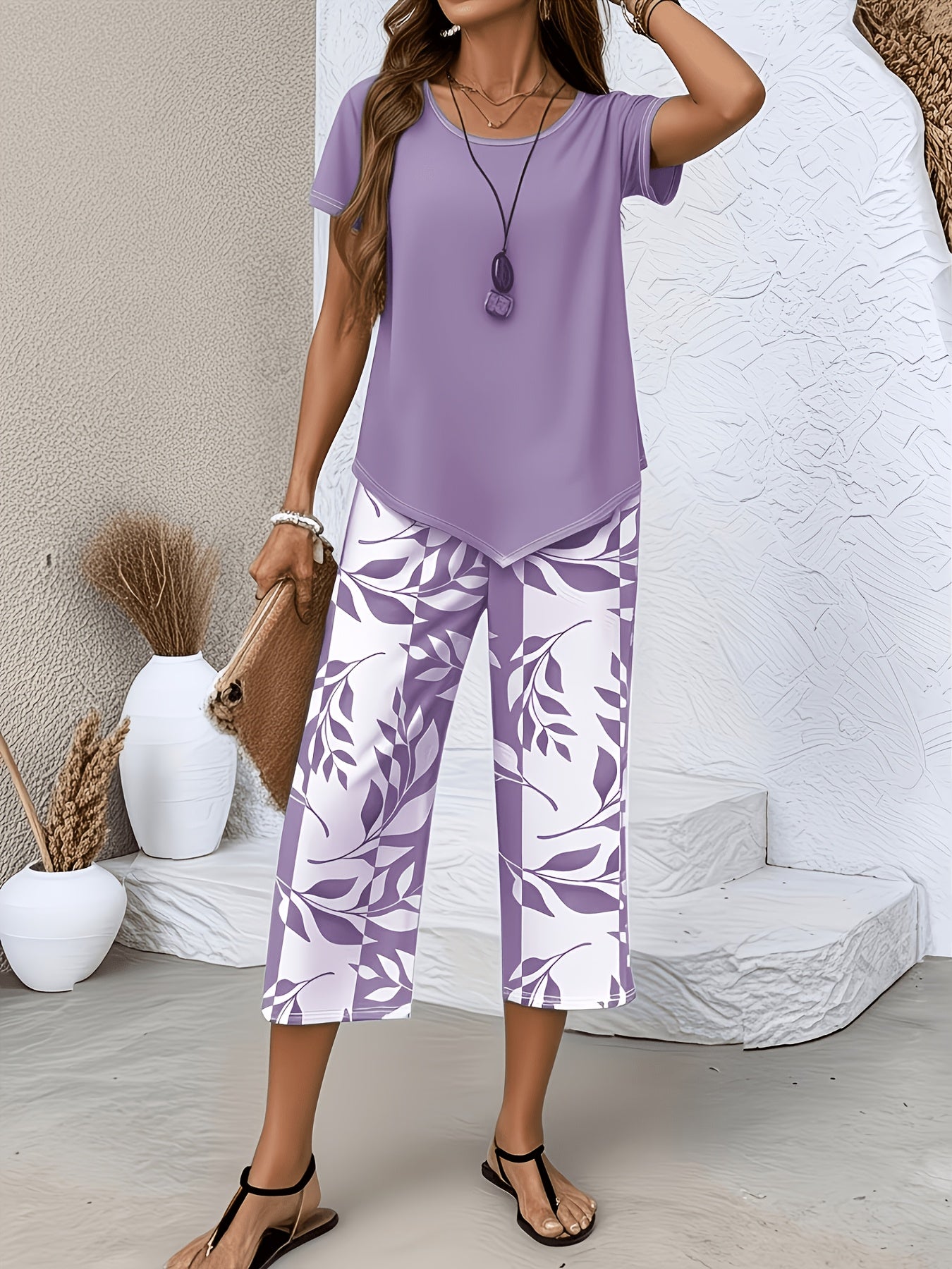 Elegant Casual Sky Blue 2pcs Set for Women Spring & Summer - Short Sleeve Crew Neck Top with Blue & White Leaf Print, Seven-Point Wide-Leg Pants, Loose & Comfortable, Versatile for Daily Wear, Home & Commute