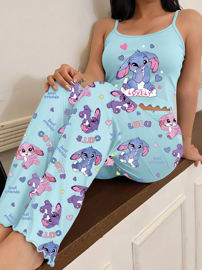 Kawaii Cami Set Women's Cute Rabbit Heart Letter "LOVELY" Print Strappy Top And Pants Sleepwear Set 2pcs Aesthetic Pajamas Sleepwear Pijamas De Mujer Ropa De Mujer Pijamas De Dormir Para Mujer Pajama Sets Women Pajama Sets Women
