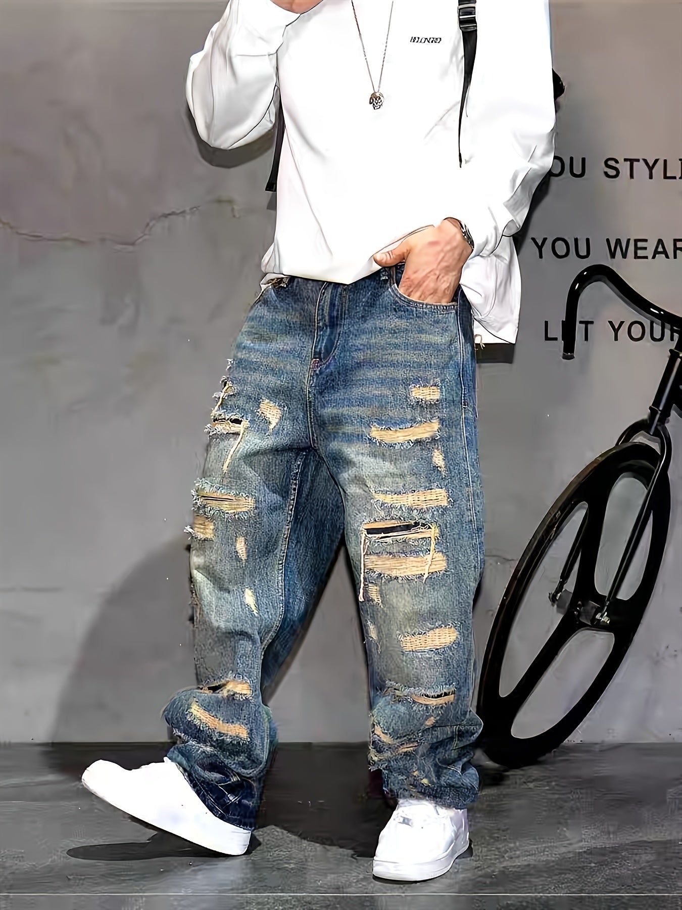 American Style High Street Patch, Wide Leg Jeans with Holes, Men's Fashion, Rugged And Stylish, Loose Design, Straight Leg Pants, Men's Fashion