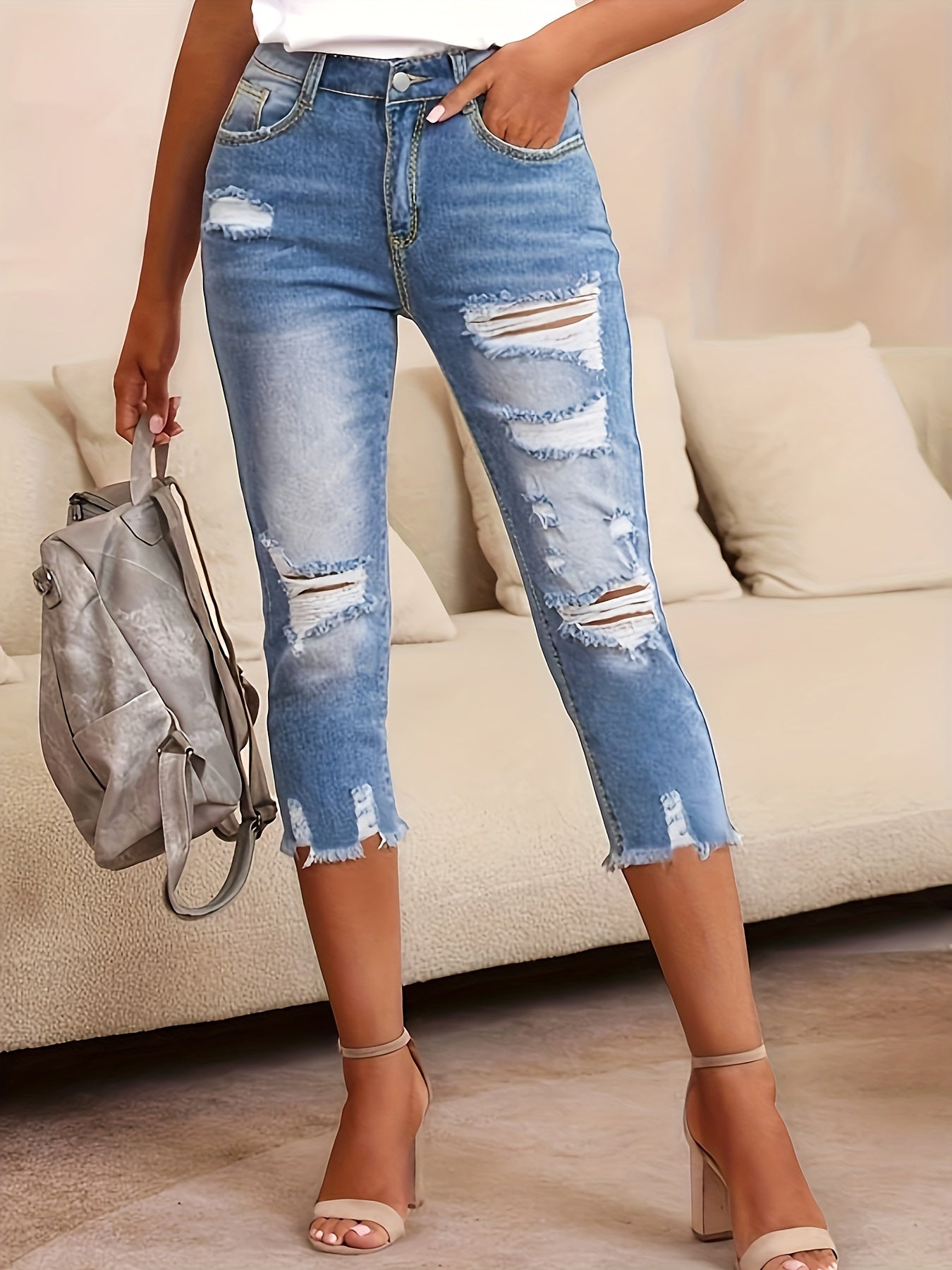 Women's High-Waisted Stretch Denim Capri Pants - Mid-Rise Slim Fit Straight-Leg Ripped Jeans with Distressed Details, Machine Washable Streetwear Style for All-Season Casual Wear