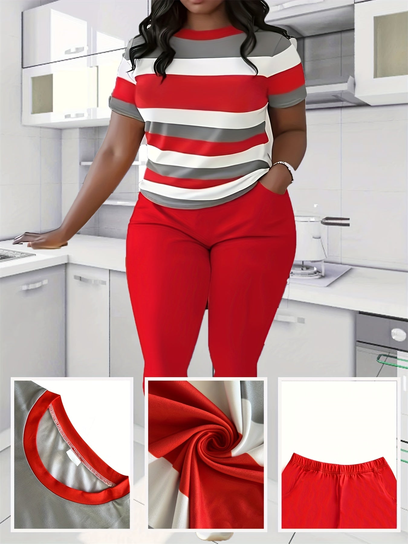 Plus Size Womens Casual Lash Sets Crew Neck Short Sleeve Top & Pocket Pants Outfit with Medium Stretch Random Printing And Machine Washable Perfect for Daily & Casual Scene