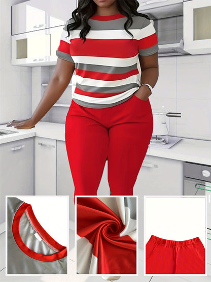 Plus Size Womens Casual Lash Sets Crew Neck Short Sleeve Top & Pocket Pants Outfit with Medium Stretch Random Printing And Machine Washable Perfect for Daily & Casual Scene
