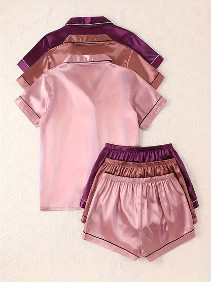 Casual, Fashionable, and Comfortable 6pcs Set in 3 Colors: Solid, Plain, Satin, and Satin Trim Short-Sleeve Shirt & Elastic Waist Shorts Pajama Set