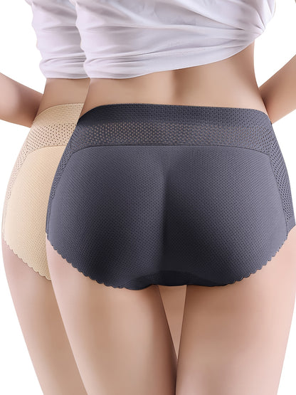 2pcs Solid Fake Butt Padded Seamless Shaping Panties with Scallop Trim, Comfy & Breathable Butt Lifting Panties, Women's Underwear & Shapewear