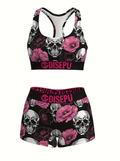 Women's Skull And Pink Flower Print Sports Bra And Shorts Set, Gothic Floral Activewear for Gym, Yoga, Running, Swimming, Halloween Workout, 2pcs Athletic Set, High Stretch Fitness Outfit, Breathable Gymwear, Goth Stylish Loungewear for Daily Use