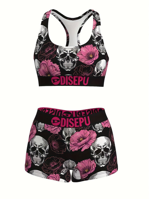 Women's Skull And Pink Flower Print Sports Bra And Shorts Set, Gothic Floral Activewear for Gym, Yoga, Running, Swimming, Halloween Workout, 2pcs Athletic Set, High Stretch Fitness Outfit, Breathable Gymwear, Goth Stylish Loungewear for Daily Use