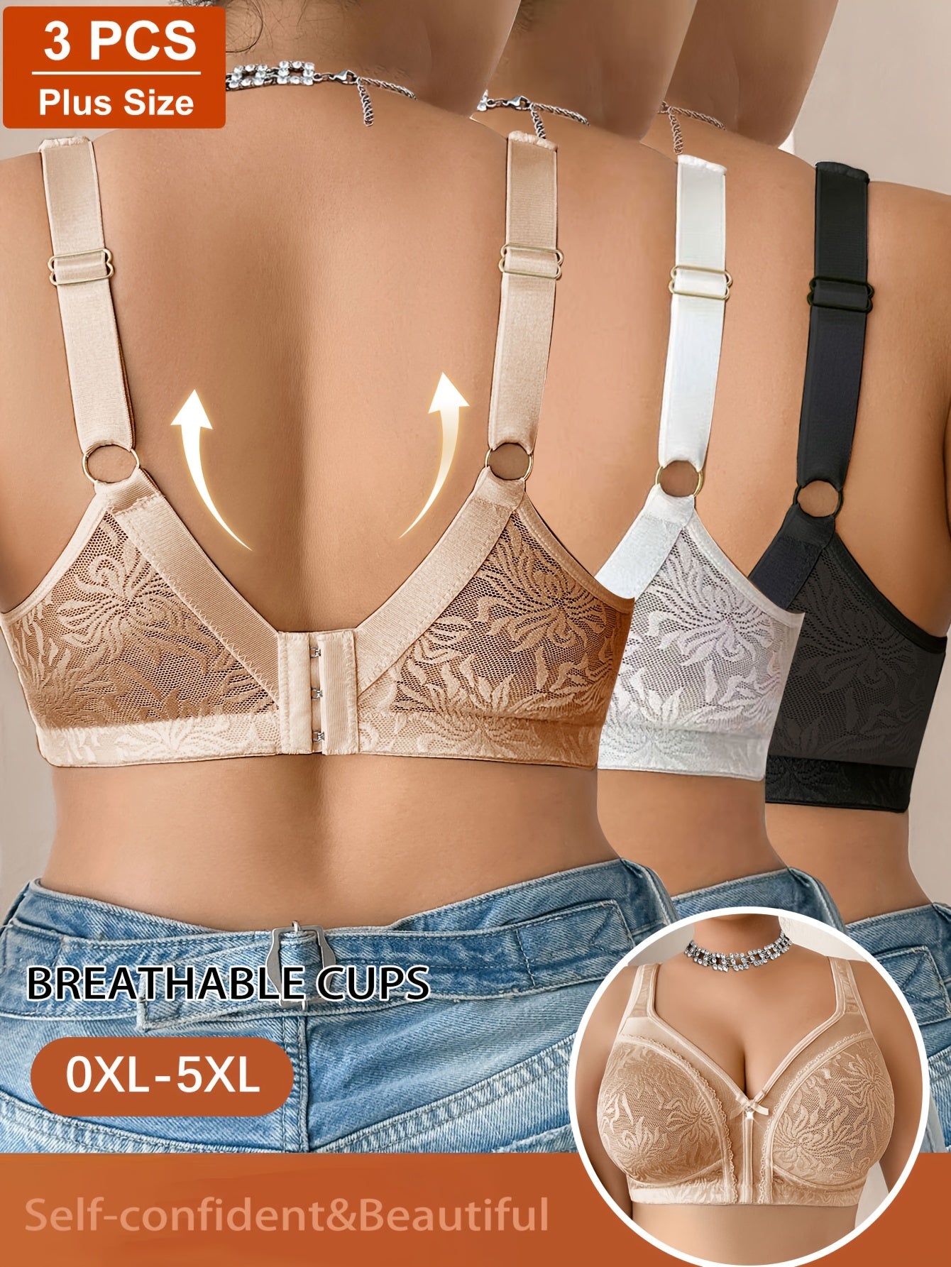 3pcs Plus Size Women's Lace Splice Bra, All-Season Jacquard Pattern, Wedding Beach Wire-Free High-Quality Casual Comfortable Top with Beautiful Back Design, Thin Y Style