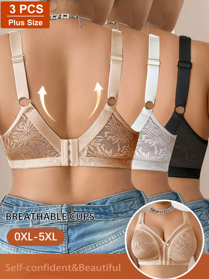 3pcs Plus Size Women's Lace Splice Bra, All-Season Jacquard Pattern, Wedding Beach Wire-Free High-Quality Casual Comfortable Top with Beautiful Back Design, Thin Y Style