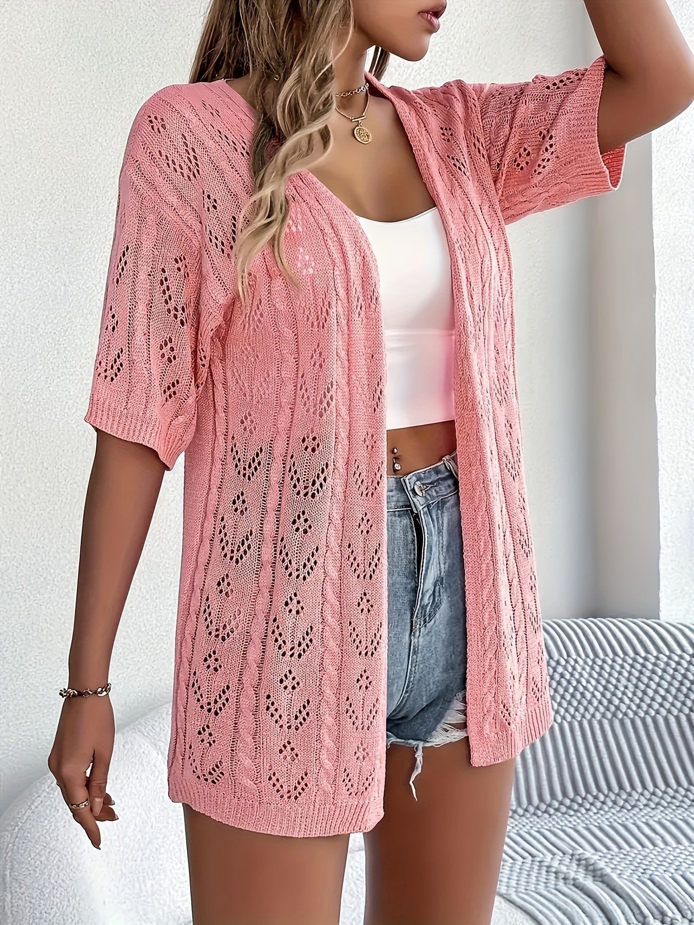 Plus Size - Summer New Arrival Women'S Openwork Short Sleeve Cardigan Loose Mid-Length Cover-Up Lightweight Breathable Outerwear Top